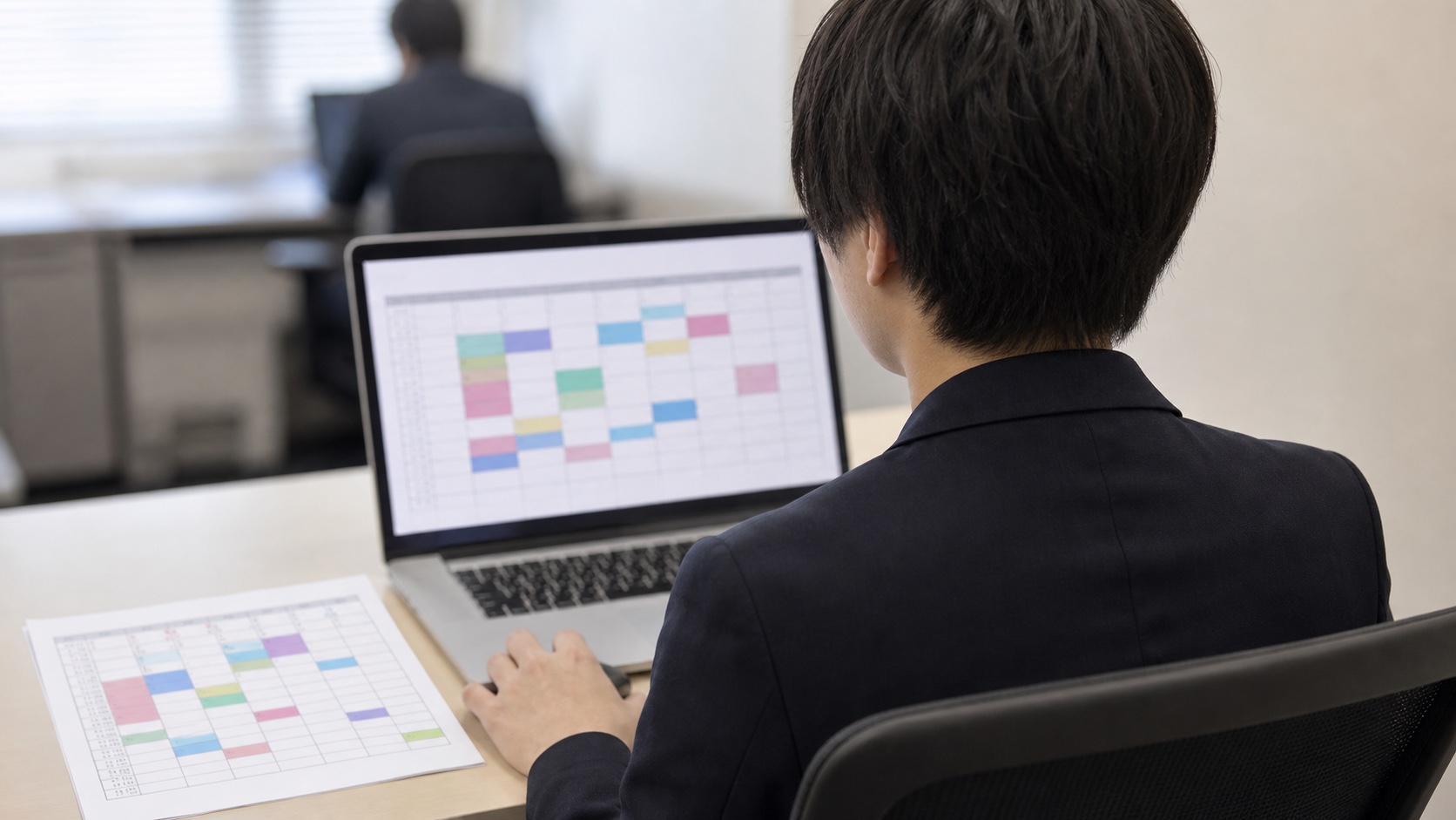 事務所でスタッフの予定を確認する後ろ姿