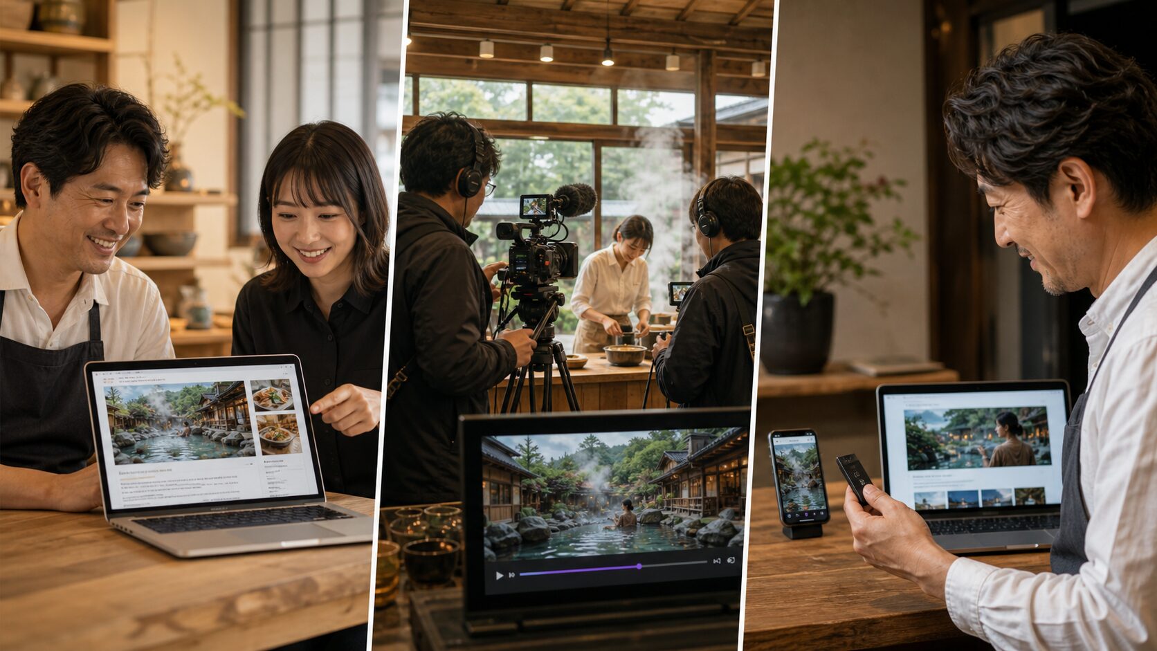 Web記事、YouTube撮影、自社広告用の映像制作という3つの違いを表したイメージ