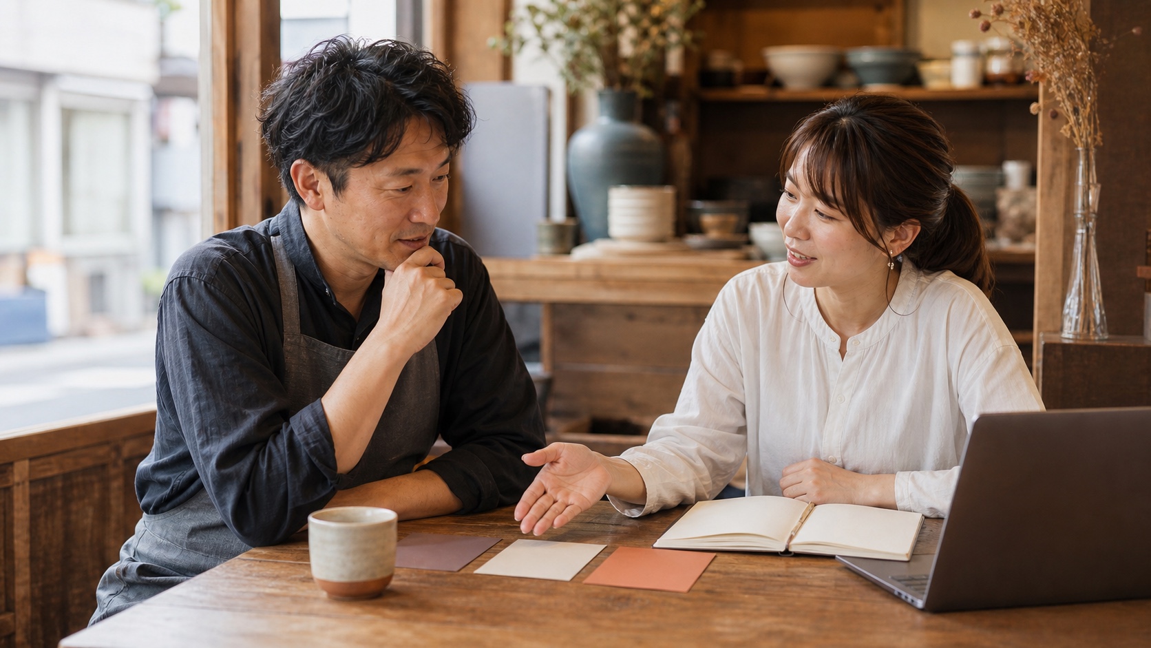 地域の事業者とLOG OITA担当者が広告の公開先と目的を相談するイメージ